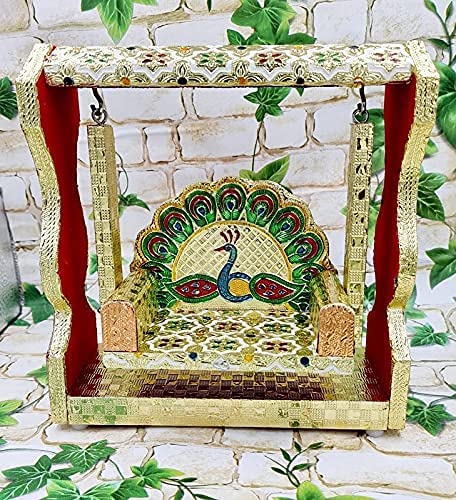 RSN Wooden Handicraft Peacock Meenakari Jhula for Laddu Gopal/Bal Gopal Idol/Krishana Jhula/Jhoola/Laddu Gopal for Home Temple (8.5 inch|White) 2