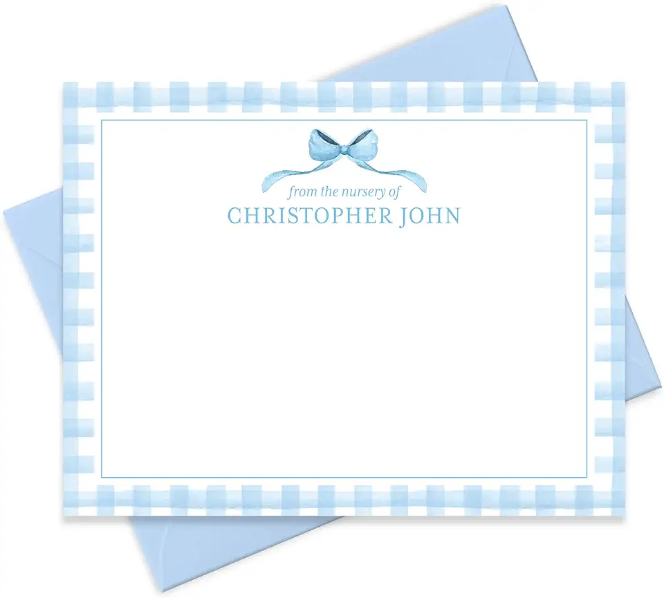 Baby Shower Thank You Cards and Envelopes Personalized from Boy Nursery, Blue Baby Thank You Cards Stationery, Flat A2 Note Card and Envelope Stationery Set (Bow with Gingham Border)