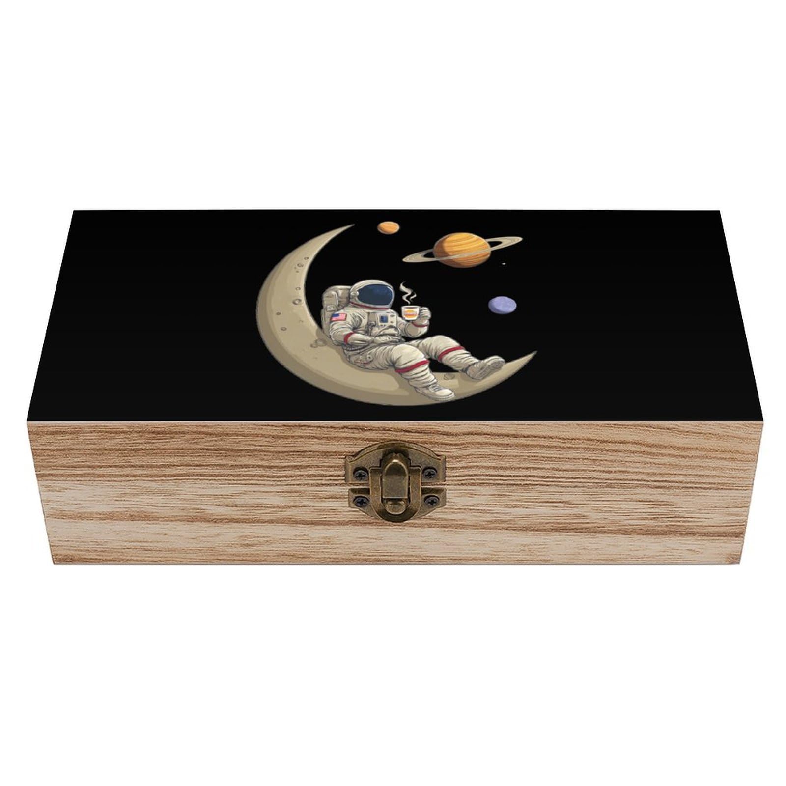 HLBSDM Spacemoon Astronaut Print Wooden Box with Hinged Lid Decorative Storage Case Container
