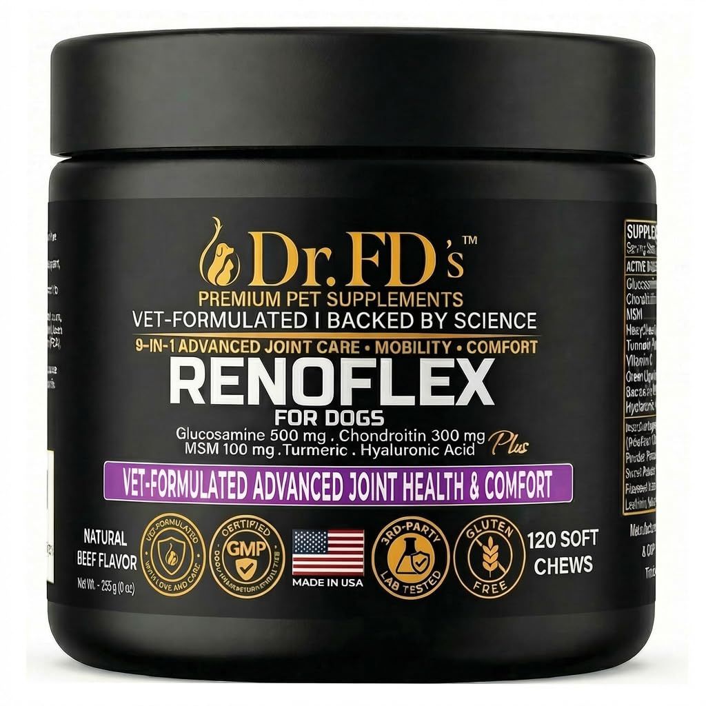 Dr. FD’s RenoFlex Dog Joint Supplement for Medium & Large Breeds, Hip and Joint Support Soft Chews with Glucosamine, Chondroitin, MSM and Turmeric, Daily Mobility Support, 120 Soft Chews