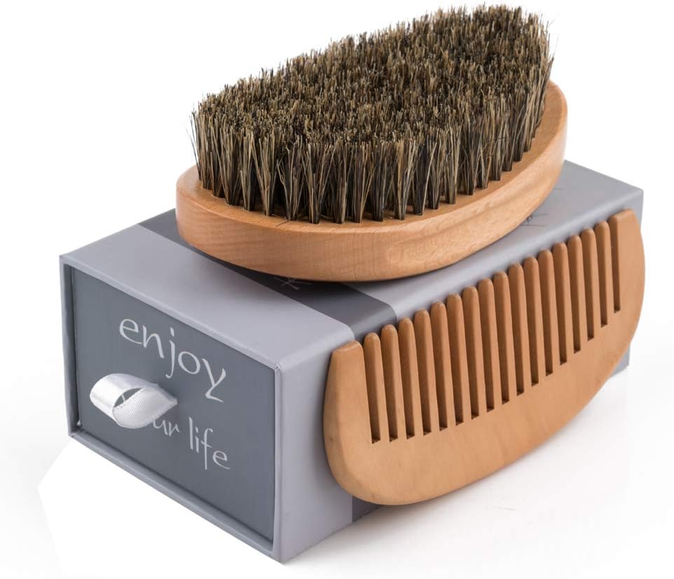 Beard Brush and Comb Set for Men | Curved designed of the bristles | For Help Softening And Conditioning Itchy Beards,Natural Boar Bristle Beard Brush&Wooden Grooming Comb-Gift Box
