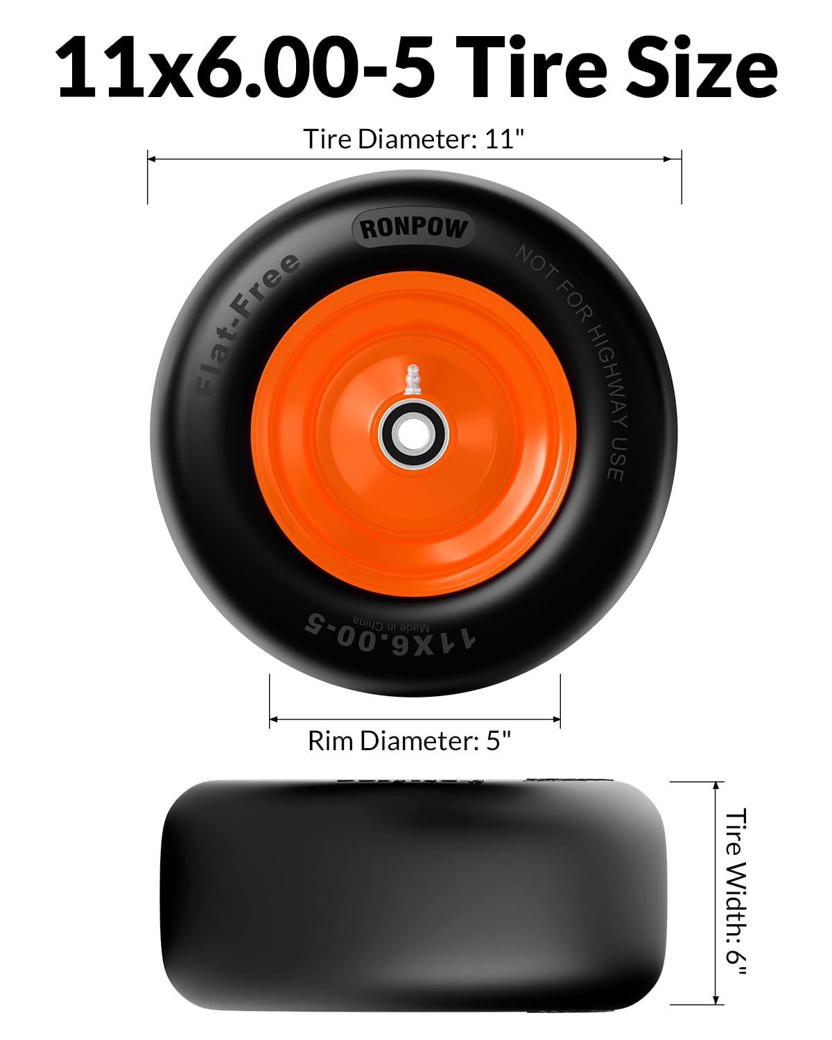 RONPOW Neumático y rueda para cortacésped de 11 x 6.00-5, neumáticos delanteros sólidos de 11 x 6 x 5 para cortacésped de giro cero, carga de 400 libras, rodamientos de 0.75 pulgadas, 0.63 pulgadas y