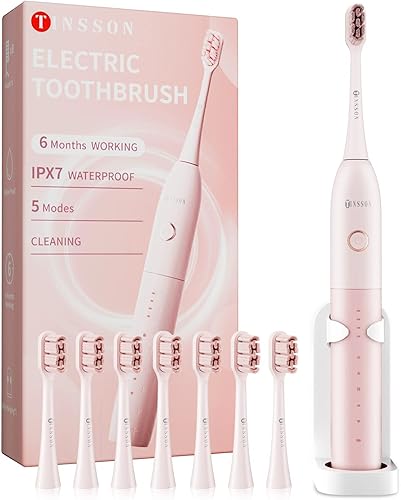 TINSSON Cepillo de dientes eléctrico Sonic para adultos y niños con 8 cabezales de cepillo de repuesto, cepillo de dientes recargable 5s a prueba de