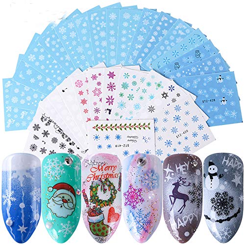 Christmas Nail Stickers Decal Design Nail Art Decoration Accessories 30 Sheets Christmas Snowflake Santa Claus Water Transfer Nail Art Stickers for Women Party Favor Supply Toenails Decorations