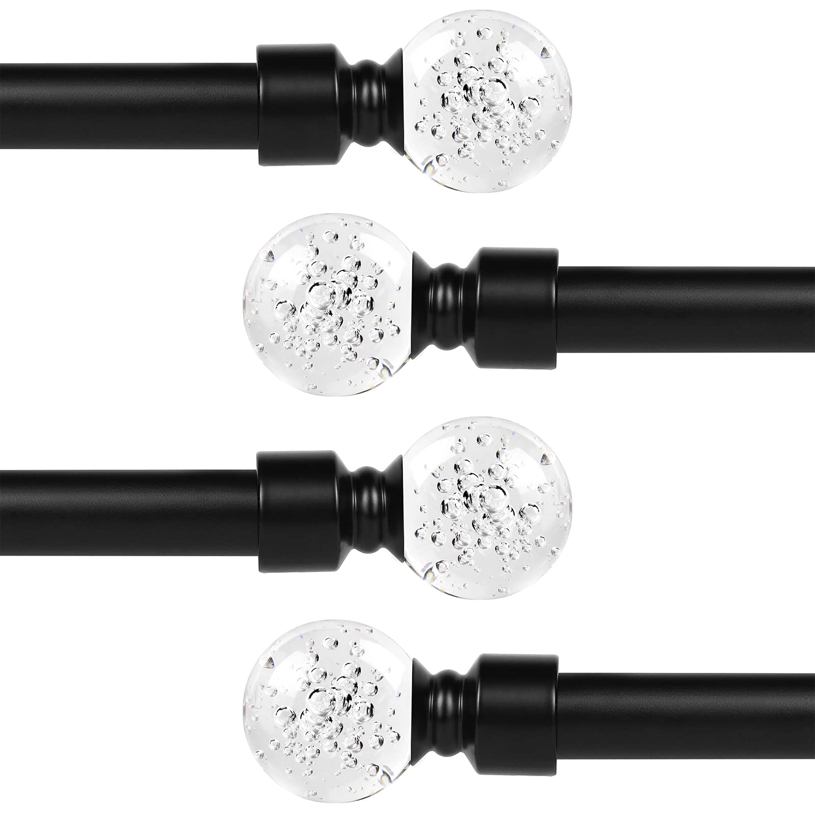 4 Sets Orger Black Single Curtain Rods, 3/4 Inch Standard Drapery Rods Adjustable Length from 22" to 48", Decorative Crystal Window Treatment Rods with Round Clear Bubble Glass Finials for Living Room