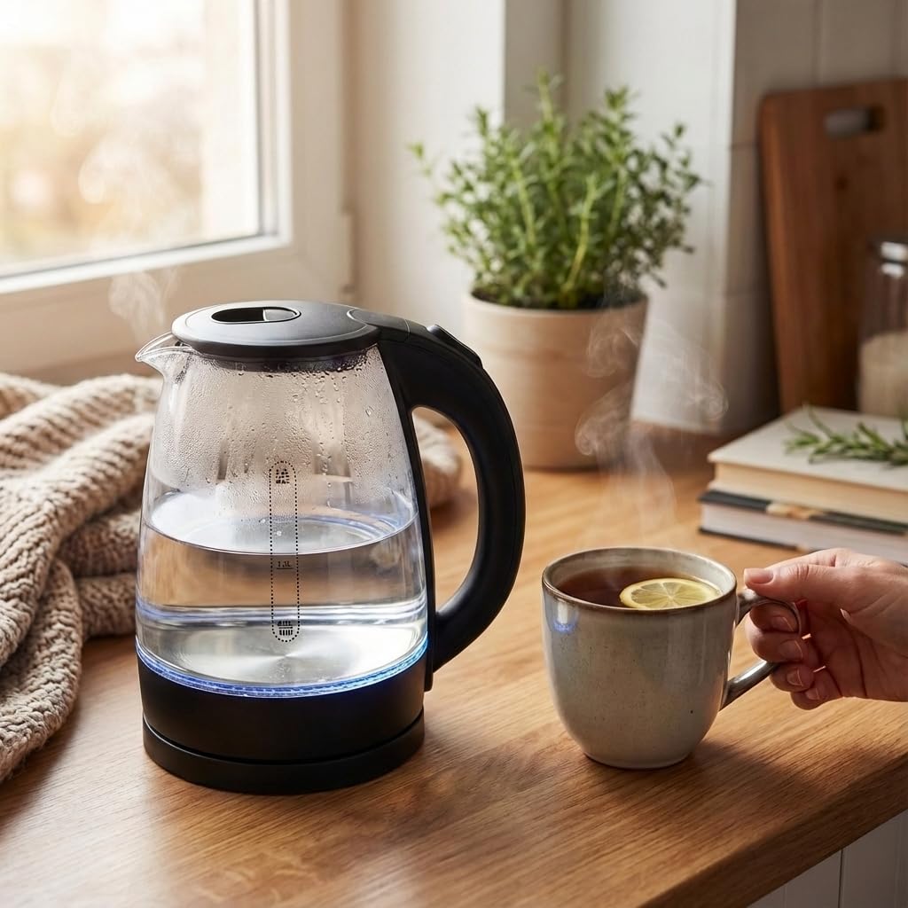 SILVERA Electric Glass Kettle | Borosilicate Glass Body with Blue backlight and Stainless Steel Heating Plate,360 Base | Fast Boil Water Kettle for Tea, Coffee & Instant Beverages 2L(TRANSPARENT)-image-20
