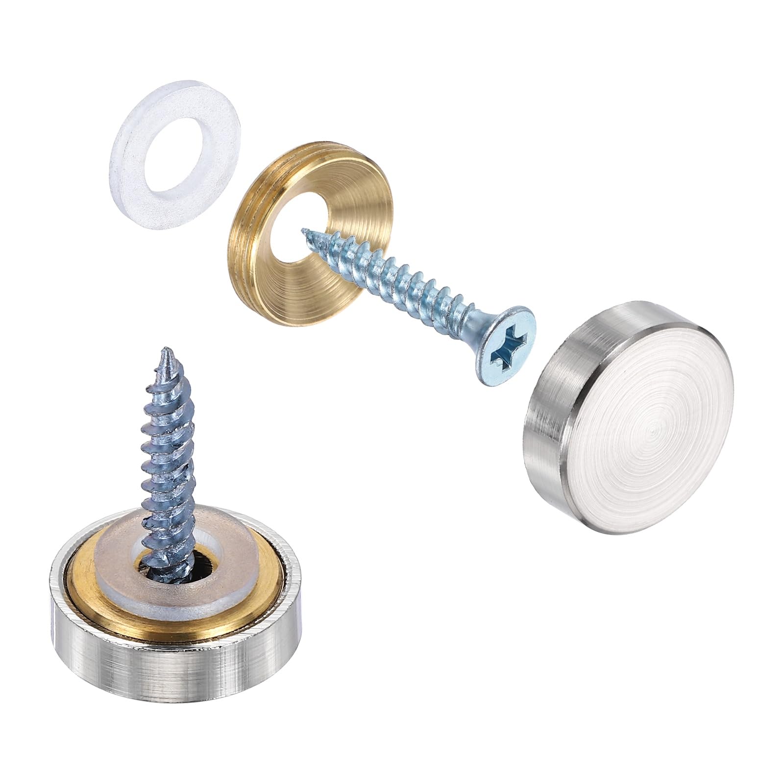 sourcing map 6Pcs Screw Covers Caps, Brass Flat Mirror Screws Decorative Caps Cover Nail Fasteners for Sign Advertising Hardware Construction, 18mm Diameter, Brushed Silver