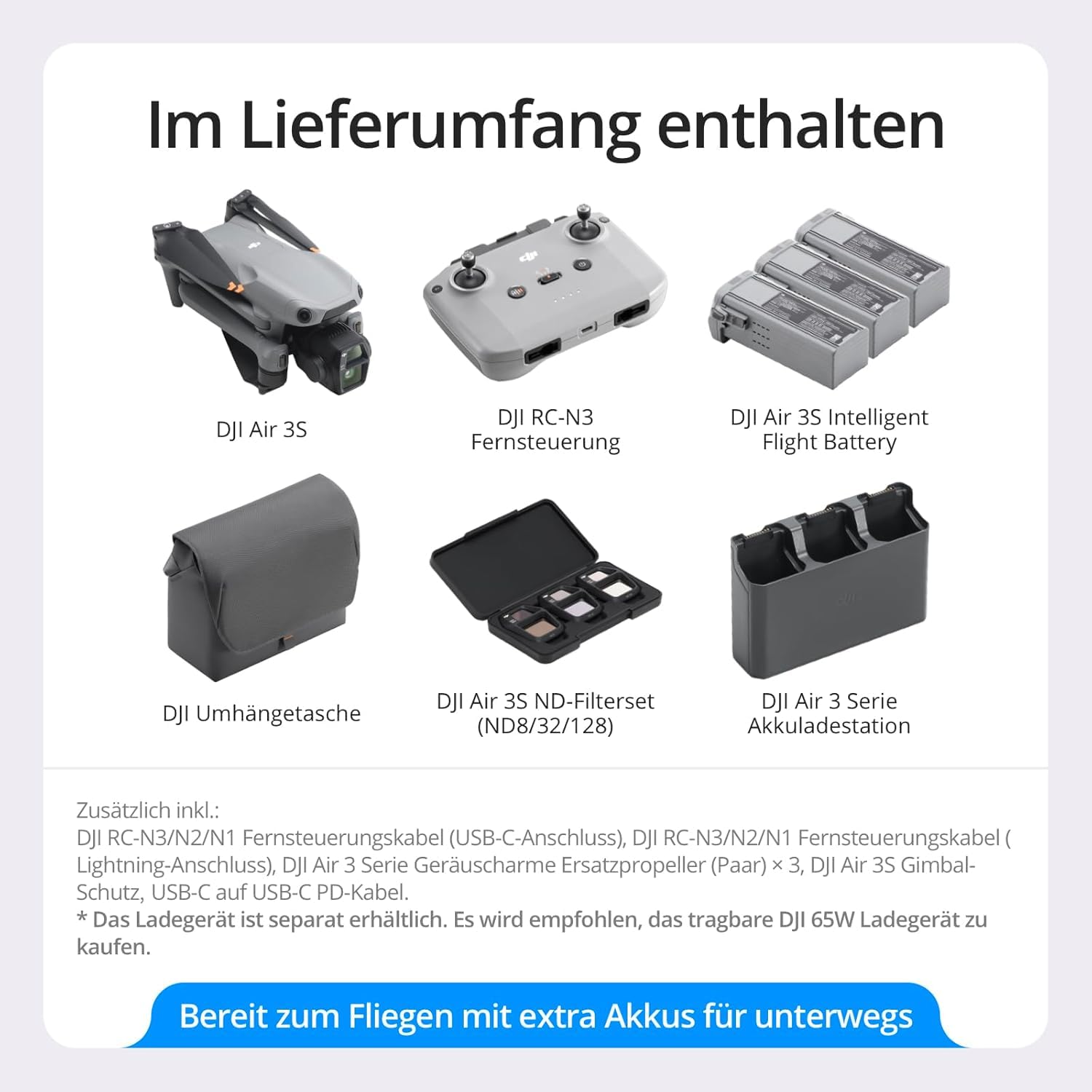 DJI Air 3S Fly More Combo (RC-N3) mit Vielseitiges Zubehör, Drohne mit 1“ CMOS Weitwinkel- & mittlerer Telekamera, 4K/60fps HDR Video, omnidirektionale Hinderniserkennung bei Nacht und 3 Akkus