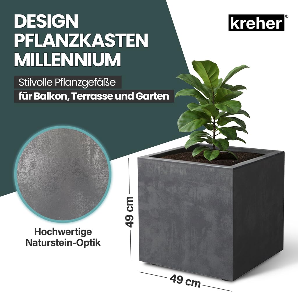 Kreher 2 x XL Pflanzkübel 'Millennium' in verschiedenen Formaten/Farben. Tolle Naturstein Optik in Anthrazit, Grau, Creme Weiß oder Braun! Aus robustem Kunststoff. (Anthrazit, 2 x 80 Liter Eckig)
