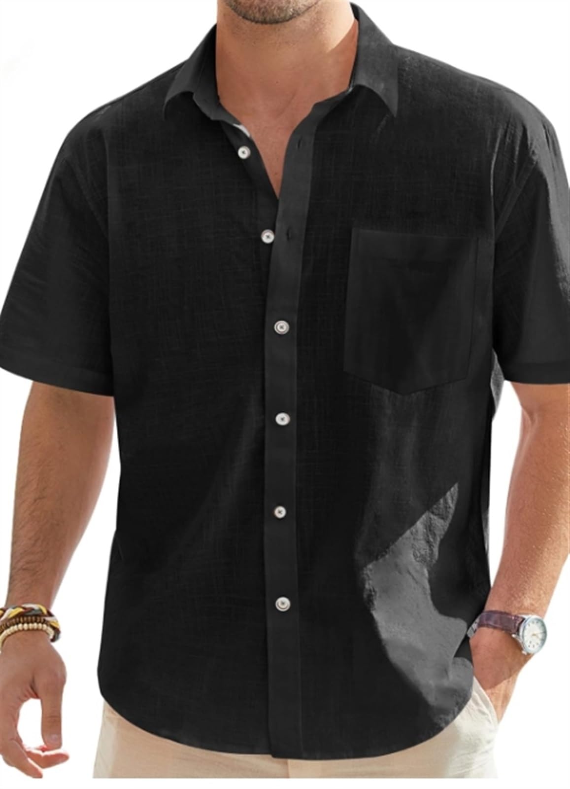 Chemise manche courte homme en coton et lin noir taille XXXL pour l'été