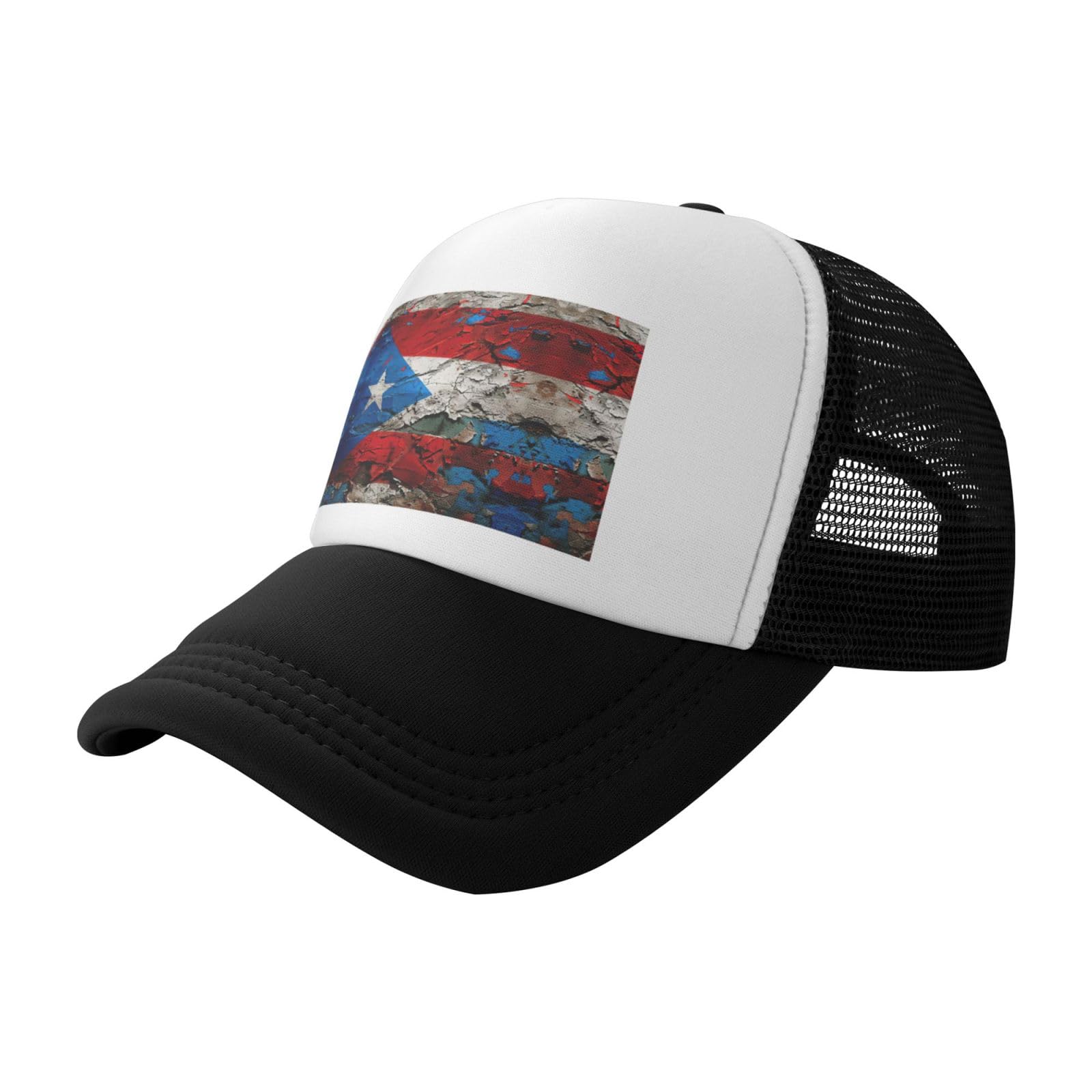 Uvbdf Unisex Black Puerto Rico Wallpaper Flag Printed Sun Hats, Classic Mesh Back Trucker Hats, Adjustable Baseball Caps For Daily Commute