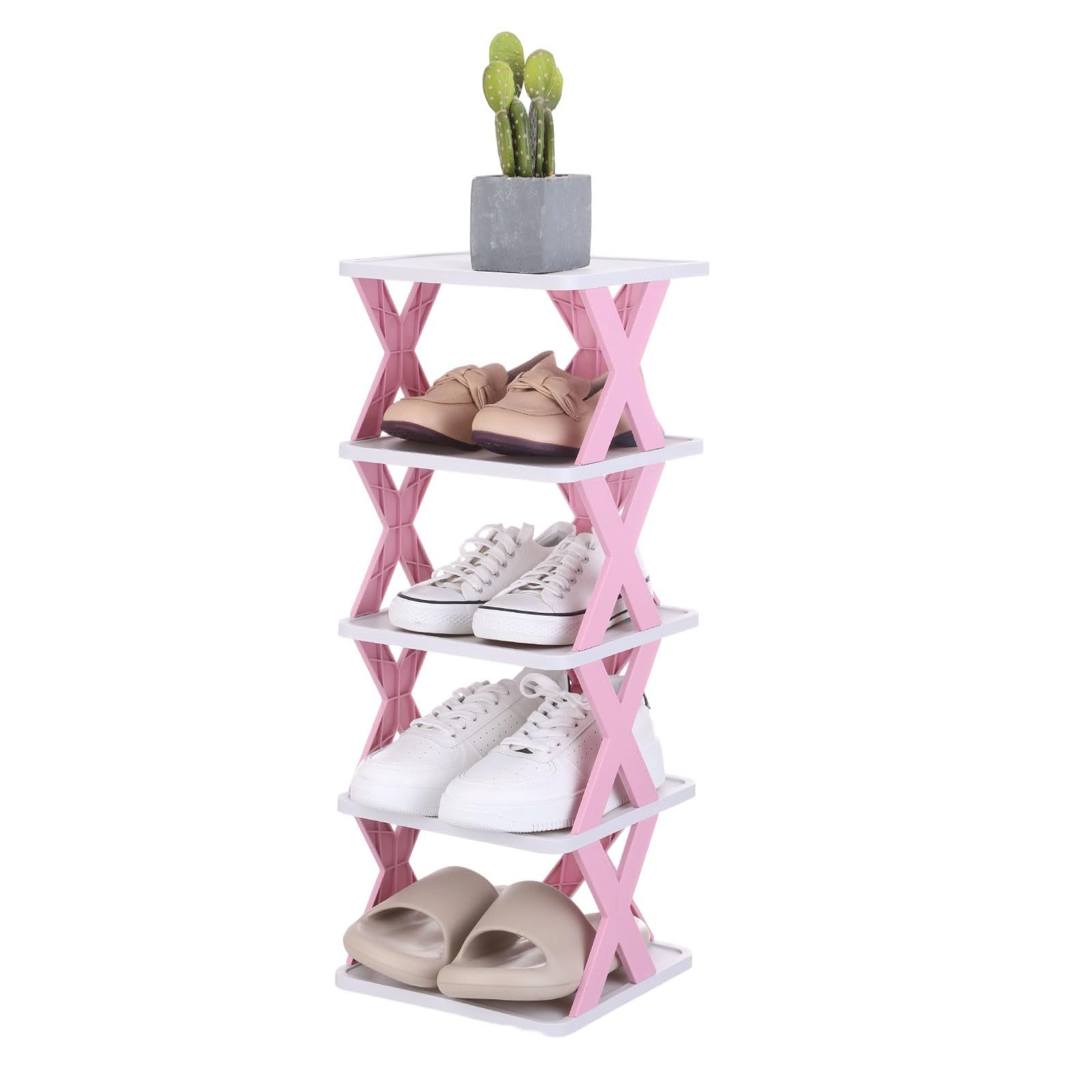 sourcing map 5-Tier Plastic Shoe Rack, Vertical Shoe Rack Stackable Storage Organizer Folding Space-Saving Narrow Slot Shelf for Closet Livingroom Entryway Garage, Pink/White
