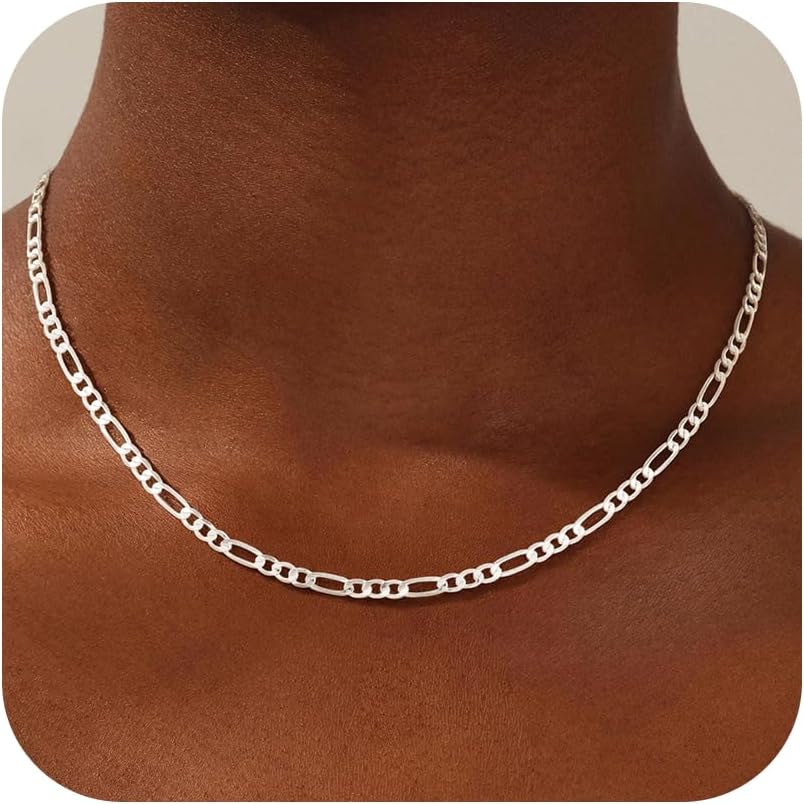 S925 Sterling Silver Chain Necklace for Women - 3mm/4mm Figaro Chain Necklace Italian Solid Thick Sturdy Colourfast Jewelery Gift for Women, 16 18 20 22 Inch