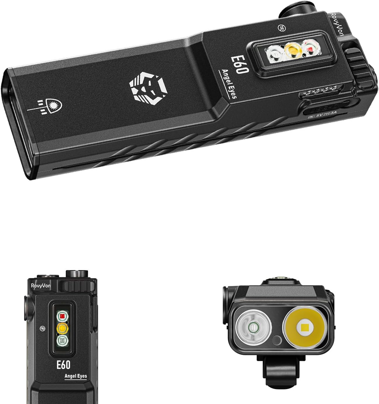 RovyVon Angle Eyes E60 Pocket Flashlight Max Output 1500 Lumens USB-C Rechargeable EDC Flashlights,Green Beam,365nm UV Light,with White/Red/UV Sidelights,Removable Two-Way Clip (Black)