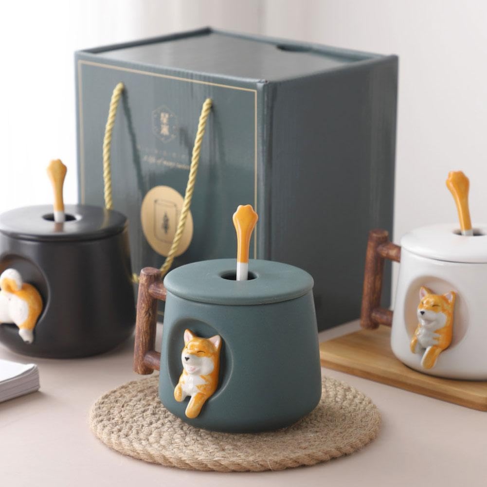 Śliczny kubek Corgi-420 ml 3D nowość ceramiczny kubek do kawy z pokrywką i łyżeczką-idealny prezent dla miłośników psów(Black,Head)