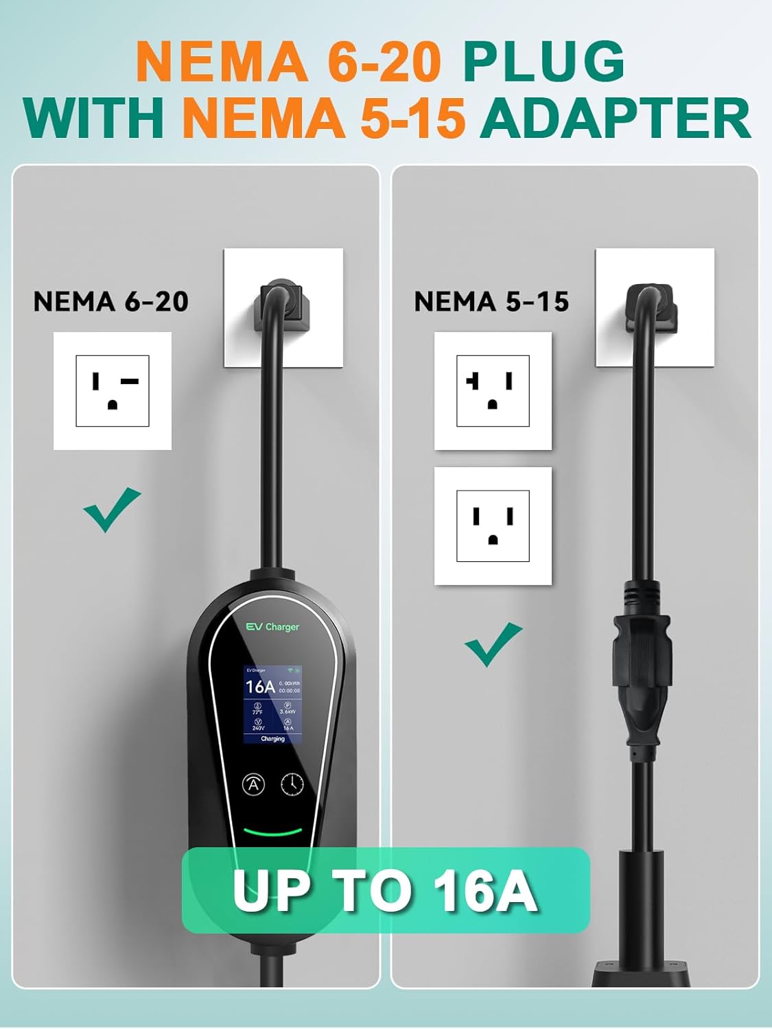 Level 1&2 EV Charger, 16 Amp 110V-240V, Portable Electric Vehicle Charger with 25ft Cable, J1772 Connector Compatible with All PHEV/EV, NEMA 6-20 Plug & NEMA 5-15 Adapter