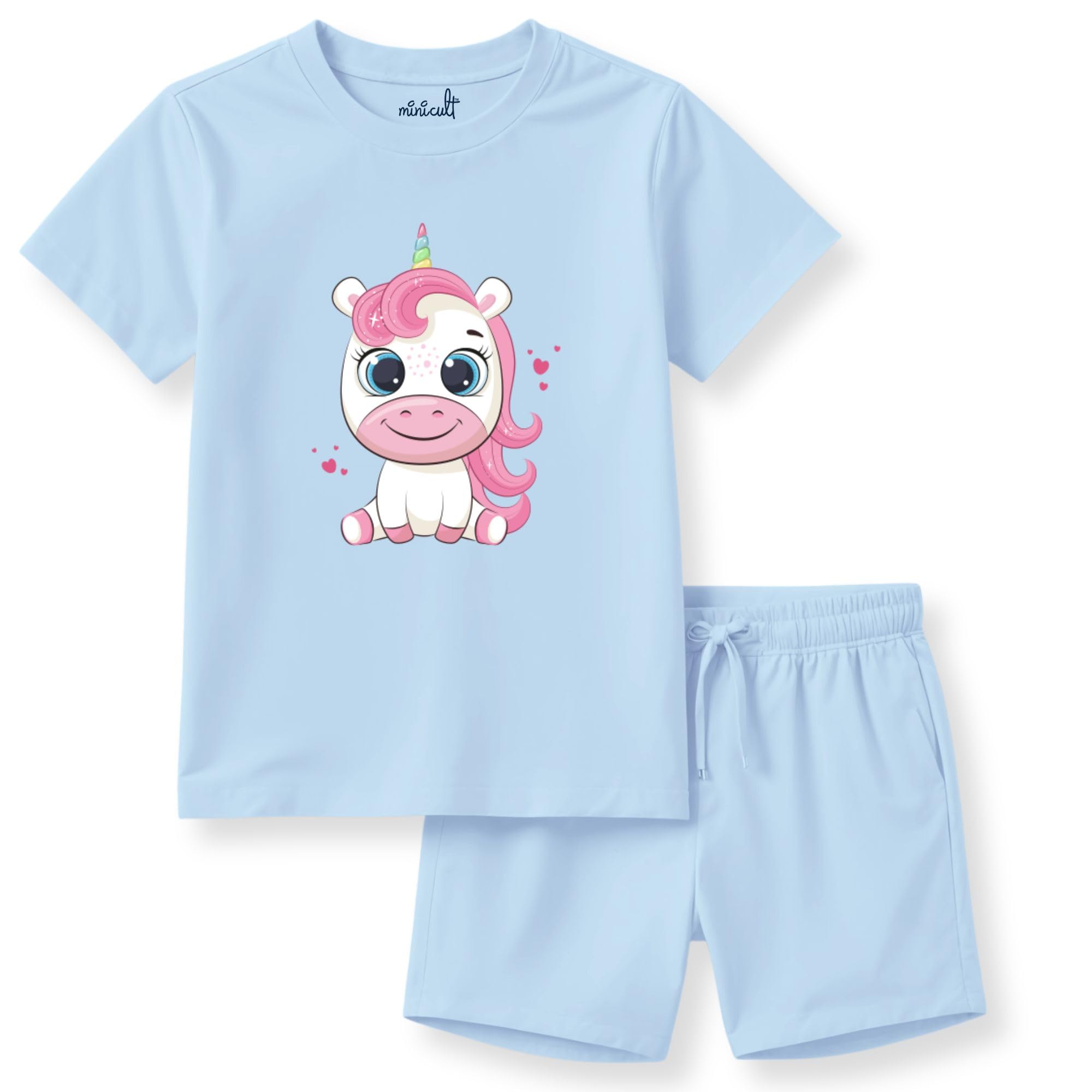 minicult kids Cotton Shorts with matching Tshirt Coord clothing set with cute Prints (Unicorn PB)(Pack of 2)(18-24 MTS) - Image 5 thumbnail