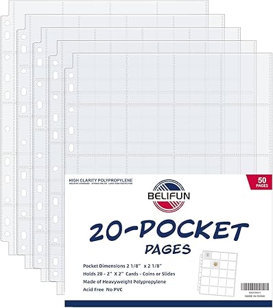 50ct 20-Pocket Coin Pages - Coin Pocket Pages for 2 x 2 Inch Cardboard Coin Holders, 11 Holes for Coin Binder, Coin Collecting Album Protectors, Coin Collection Storage