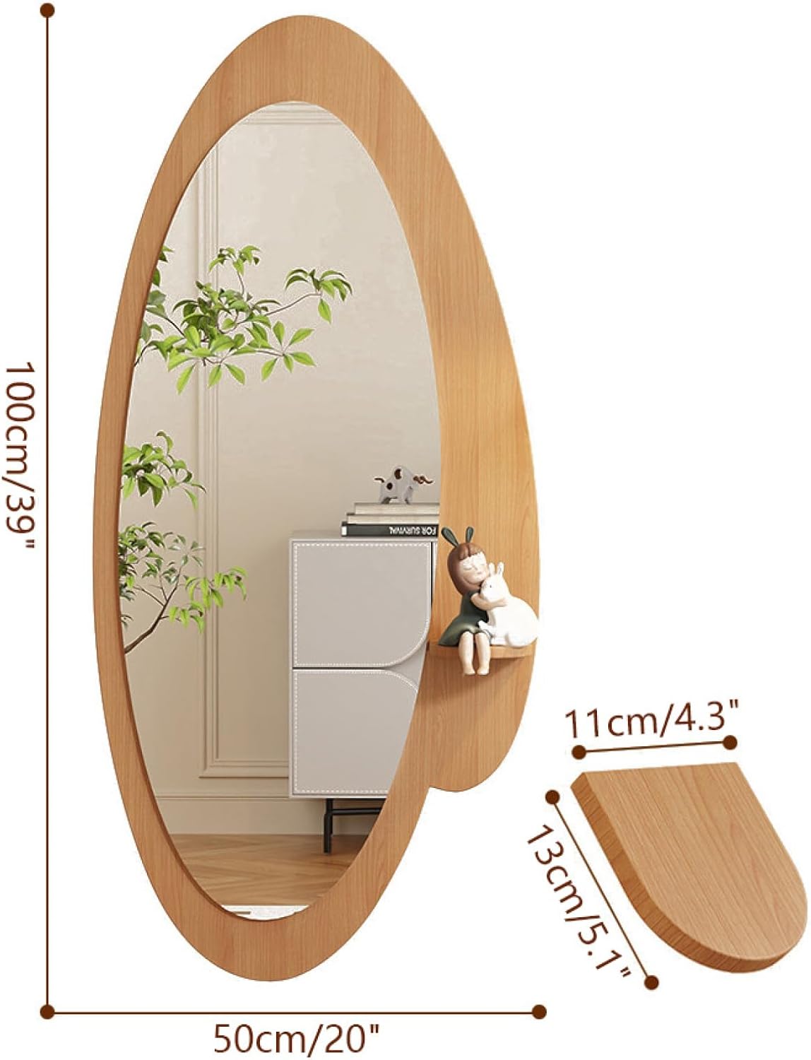Wall Mounted Full Length Mirror with Display Shelf, Wood Framed Decorative Wall Mirror Irregular Wall-Mounted Mirror 39" x 20", Brown