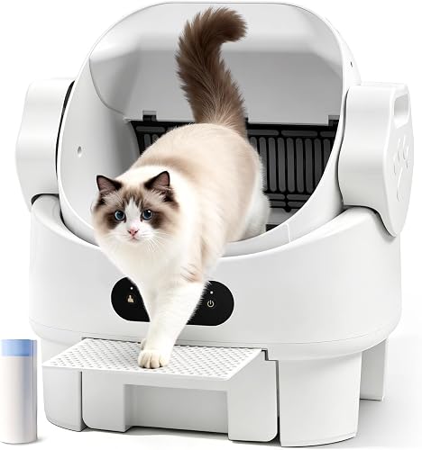 XL Automatic Self Cleaning Open Top Cat Litter Box, White | Multi-Sensor Safety, Ultra-Quiet, Easy Setup, Large Waste Bin, Easy to Clean, for Multi-Cat Homes