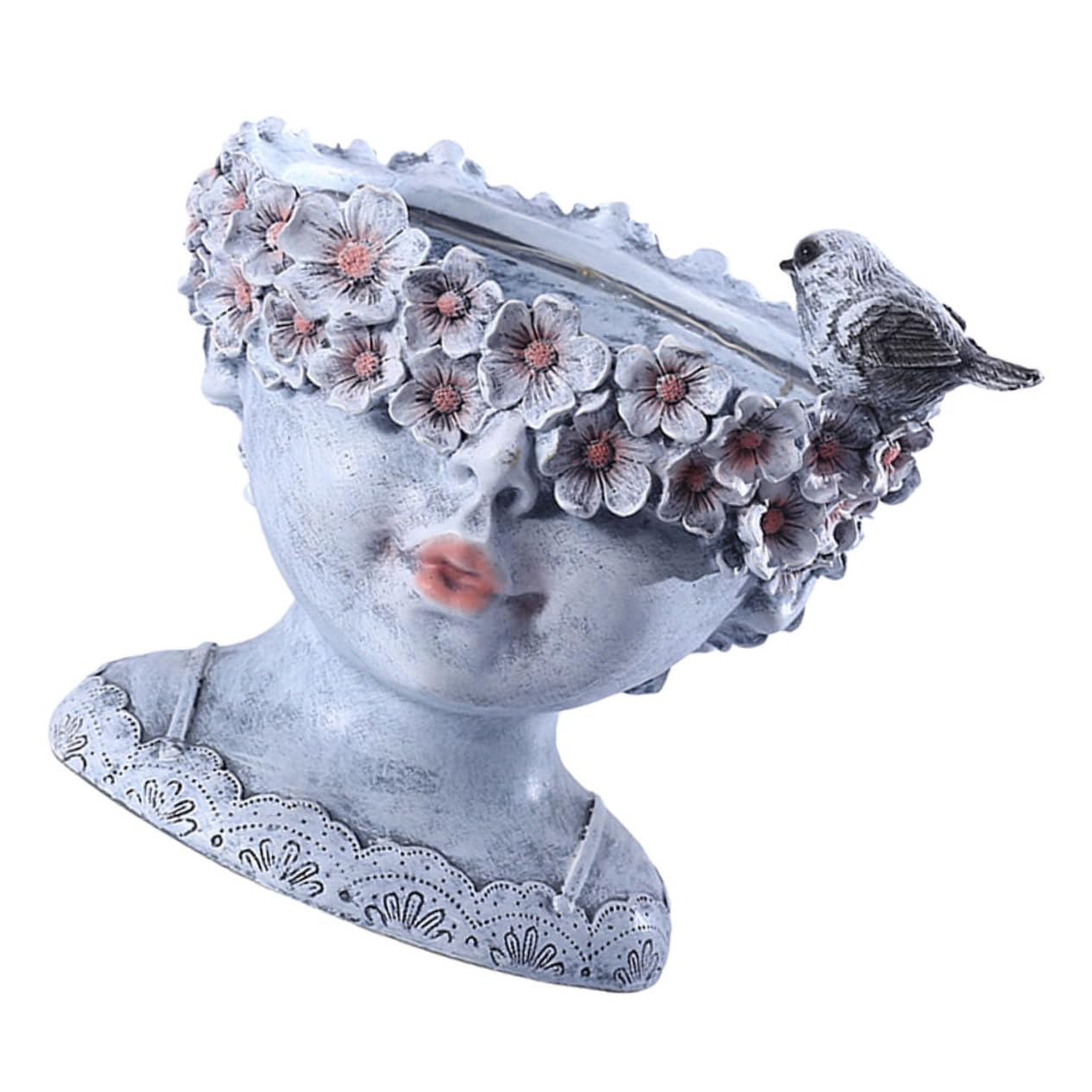 TEHAUX Pot de Fleurs Solaire en Résine Forme Tête de Jeune Fille pour Jardin et Balcon, Moyen, Gris, Résistant aux Intempéries, Décoration Extérieure Créative et Moderne