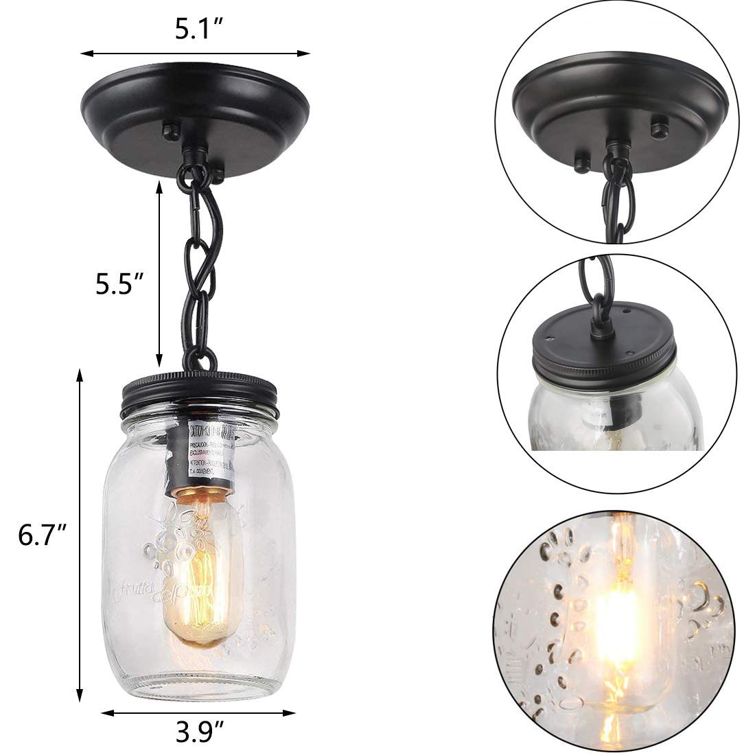 Candelabro de Granja para Accesorios de iluminación de Cocina, Luces de Vidrio, lámpara Colgante de Tarro de albañil para Accesorios de iluminación de Comedor, Acabado de Metal Negro