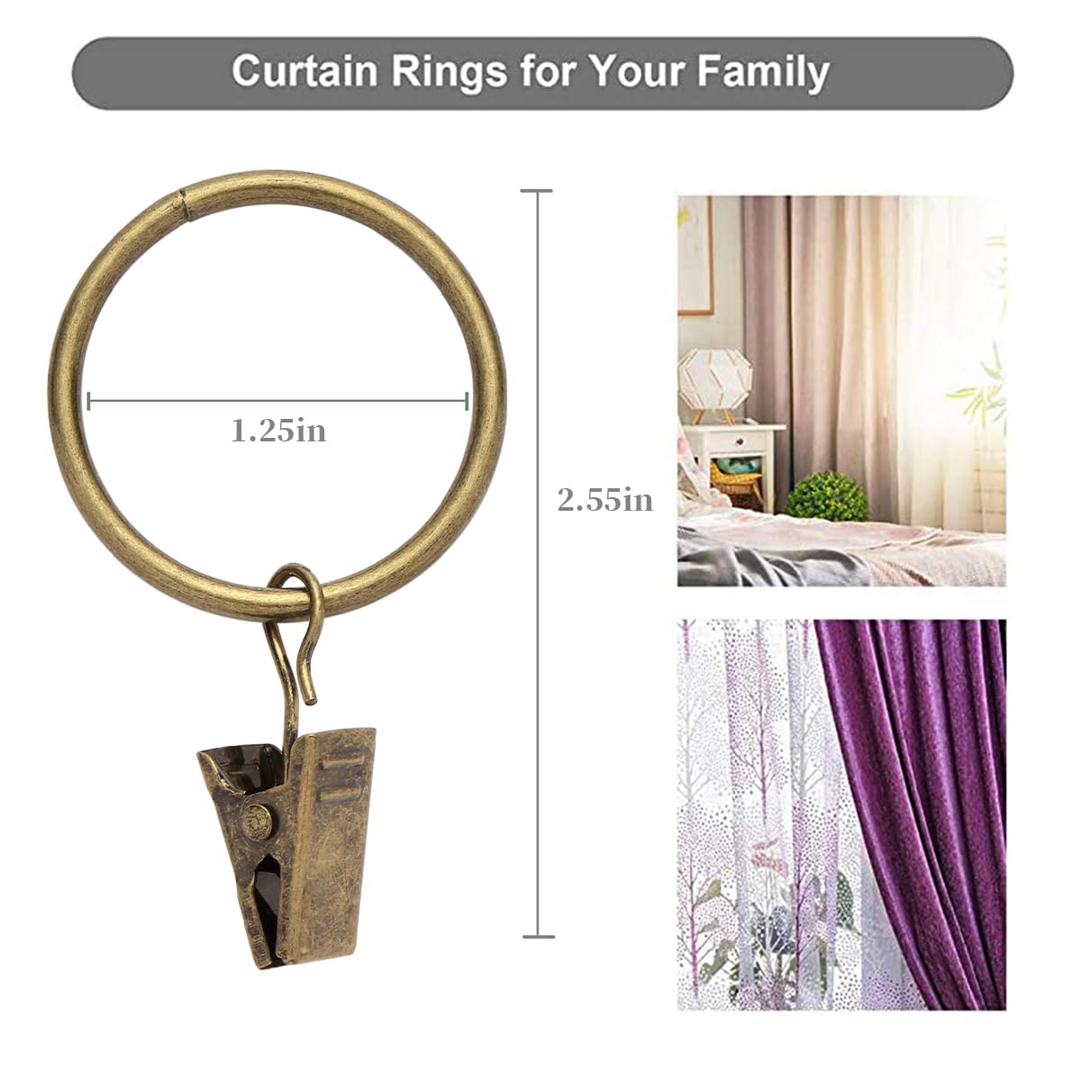 Fivebop 40 Pack Rings Curtain Clips Rustproof Metal Window Drapery Decorative Clips Vintage Heavy Duty Eyelet Curtain Rods Hangers Rings with Hooks, 1.25In Inner Diameter (Coppery-Non Open-1)