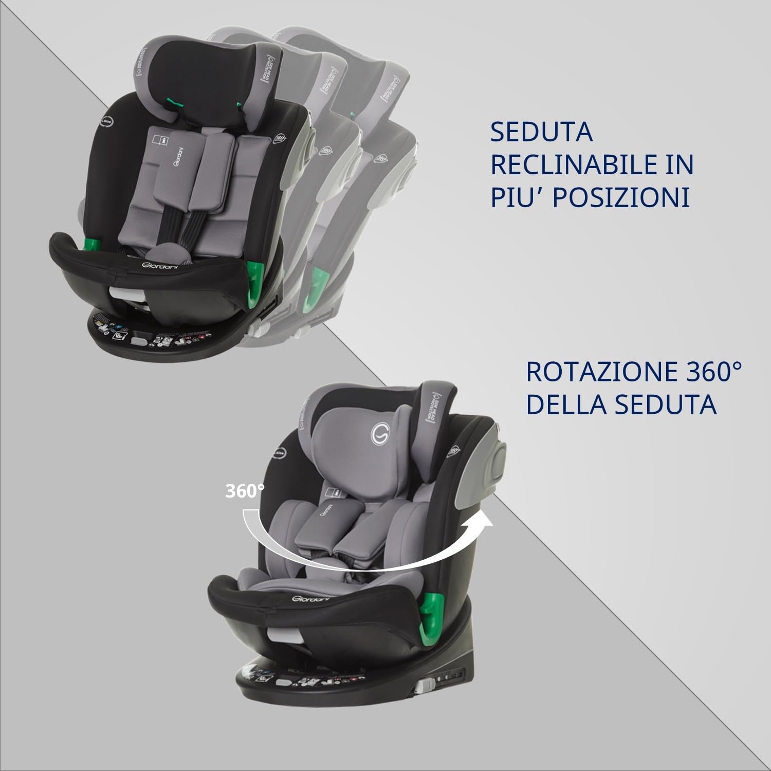 Giordani Jupiter Seggiolino Auto 40-150 cm I-Size, Base Girevole 360°Omologato R129/03, Connettori Isofix e Top Tether, Reclinabile, Riduttore Neonato e Regolazione Automatica, 0-12 Anni