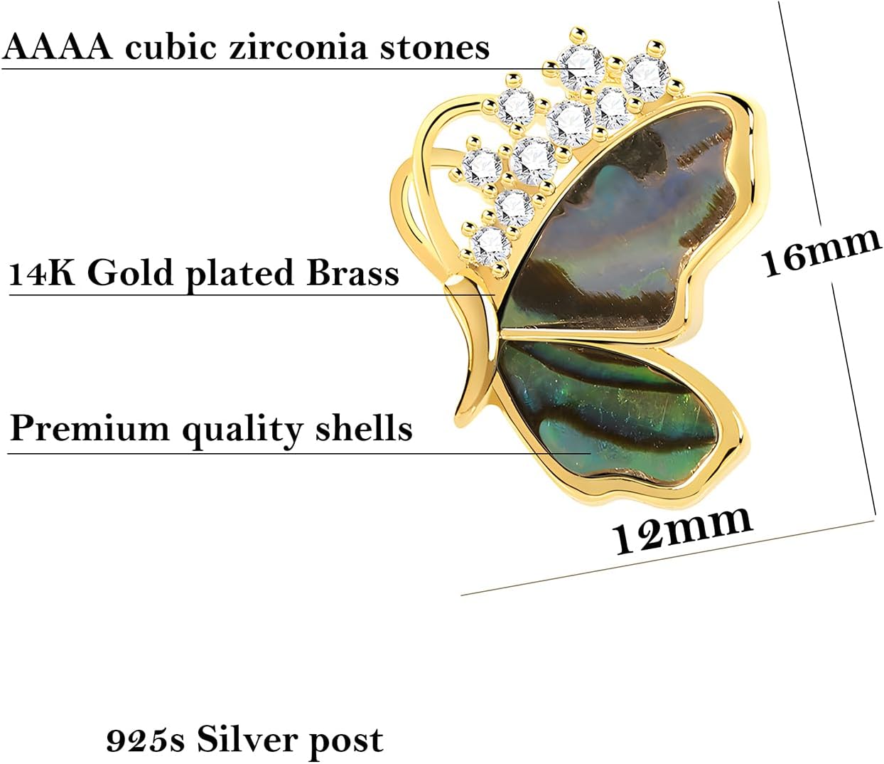 Abalone Shell Butterfly Stud Earrings for Women - Cubic Zirconia Crystals Half Butterfly Earrings in 14K Gold - Image 2