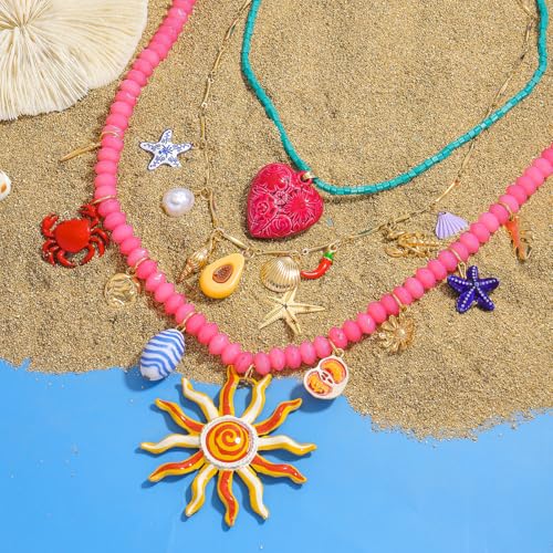 Bohemian Beaded Necklace for Women, Sun Sea Star Crab Shell Heart Pendant Necklace, Multichain Sea Life Jewelry Beach Gift for Party Summer Daily Wear3