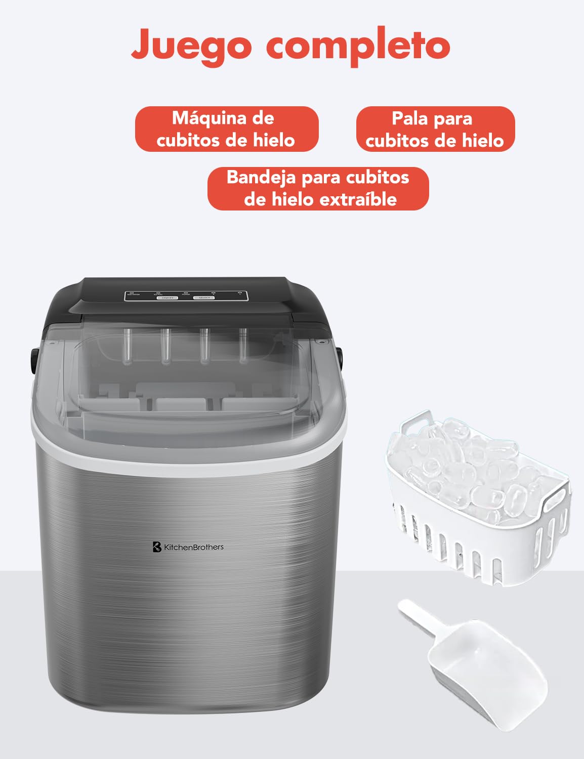KitchenBrothers maquina de Hielo - Ice Maker - Maquina de Hacer Hielo - Máquina para Hacer Cubitos de Hielo con Pala para Hielo - 9 Cubitos de Hielo en 8 Min. - Portátil con Asa - 1,2L