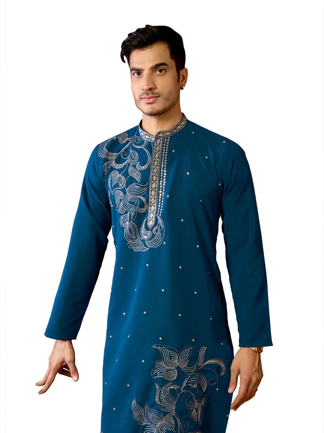 indiroop Luxury Neckwork Embroidered Peacock Blue Kurta for Mens-picture-22