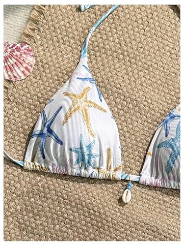 WDIRARA Women's Starfish Print Halter Triangle Bikini Tops Tie Back String Swimsuit Top3