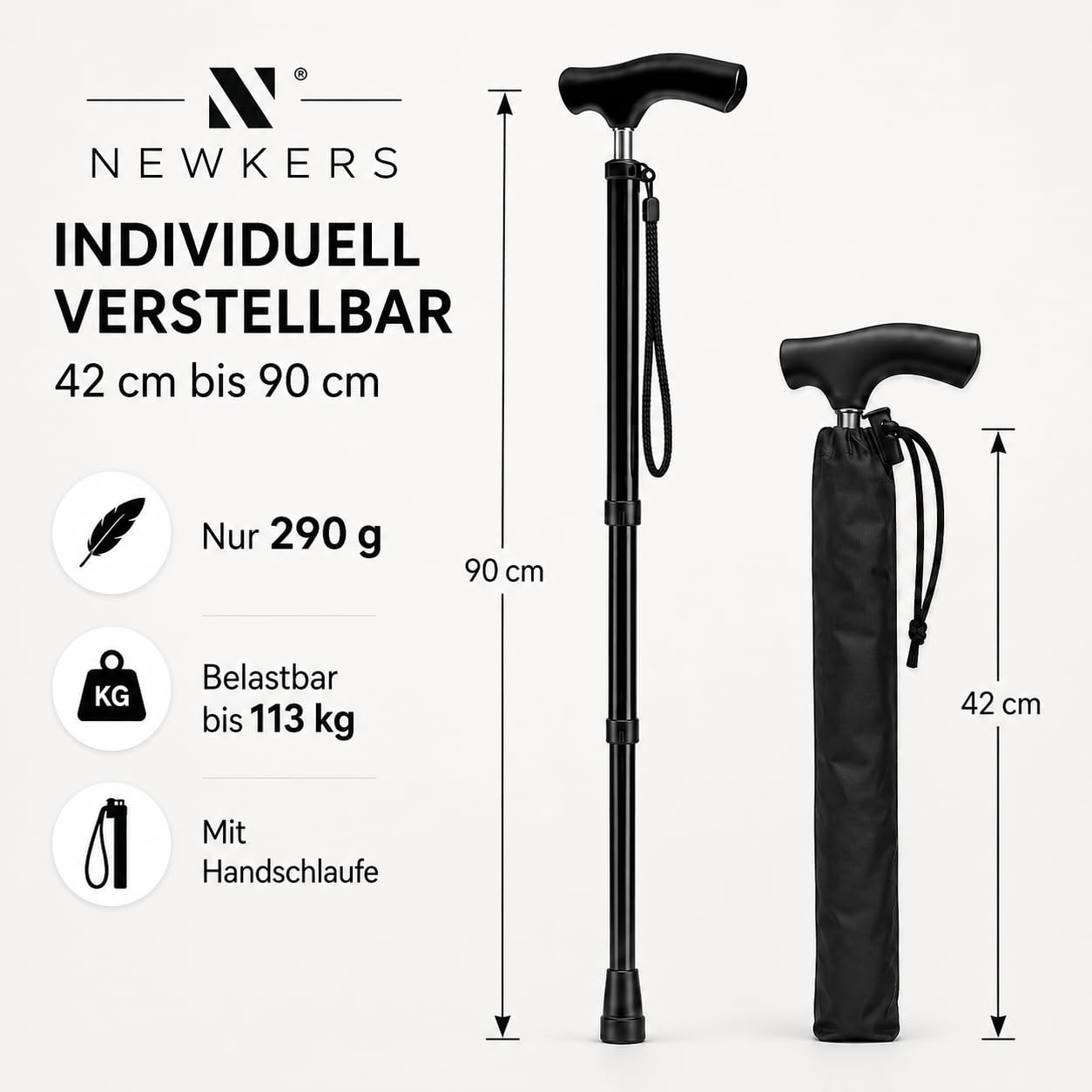 Bastón telescópico [41 – 86 cm] Premium para la bolsa, ultraligero 300 g, soporta hasta 150 kg, mango cómodo antideslizante, bastón estable de altura ajustable