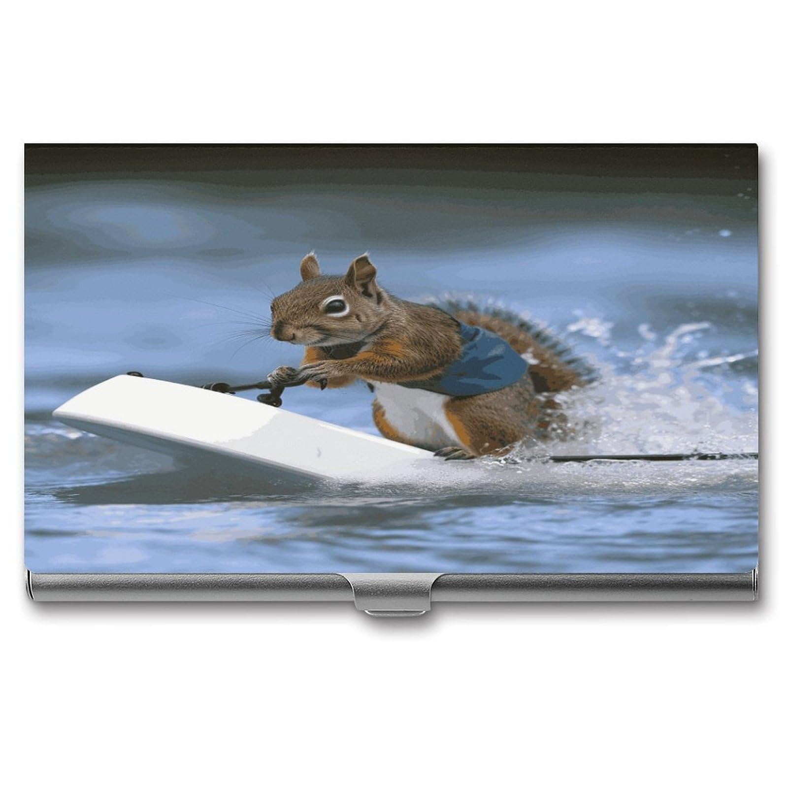 LDGSUPH Water Skiing Squirrel Business Card Holder Fashion Slim Name Card Holder Minimalist Design Case Metal Card Carrier Personalized Business Card Case with Flip for Men Women