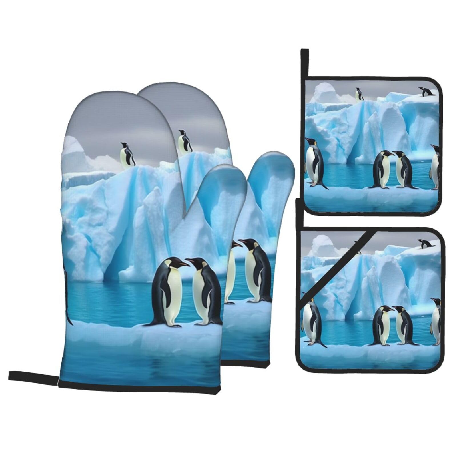 4 Piece Oven Mitts and Pot Holders Set Heat Resistant Oven Gloves and Potholders BBQ Gloves Hot Pads Penguins On The Iceberg Cooking Gloves for Kitchen Baking Grilling