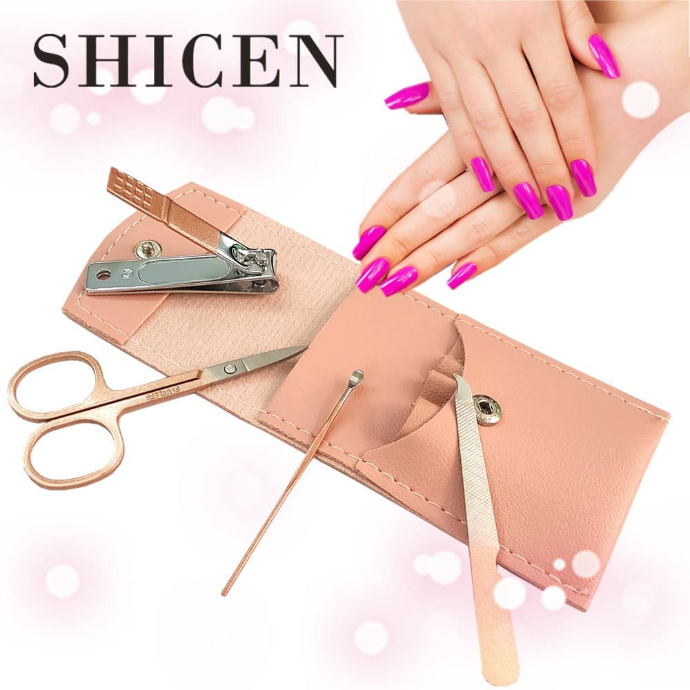 Manicure Set, Professional Women Nail Clippers Kit 4PCS， Stainless Steel Nail Cutter Care Tools Professional Grooming Kits, PU Leather Travel Case （rose gold）