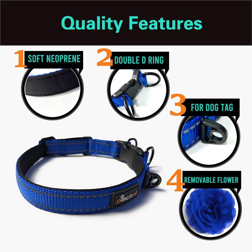 PINCTROT Reflective Dog Collar with Removable Flower, Soft Neoprene Padded Breathable Nylon Pet Collar, Adjustable for Small Medium Large Dogs (Small Size: 3/4''x(12"-16"), Navy Blue)