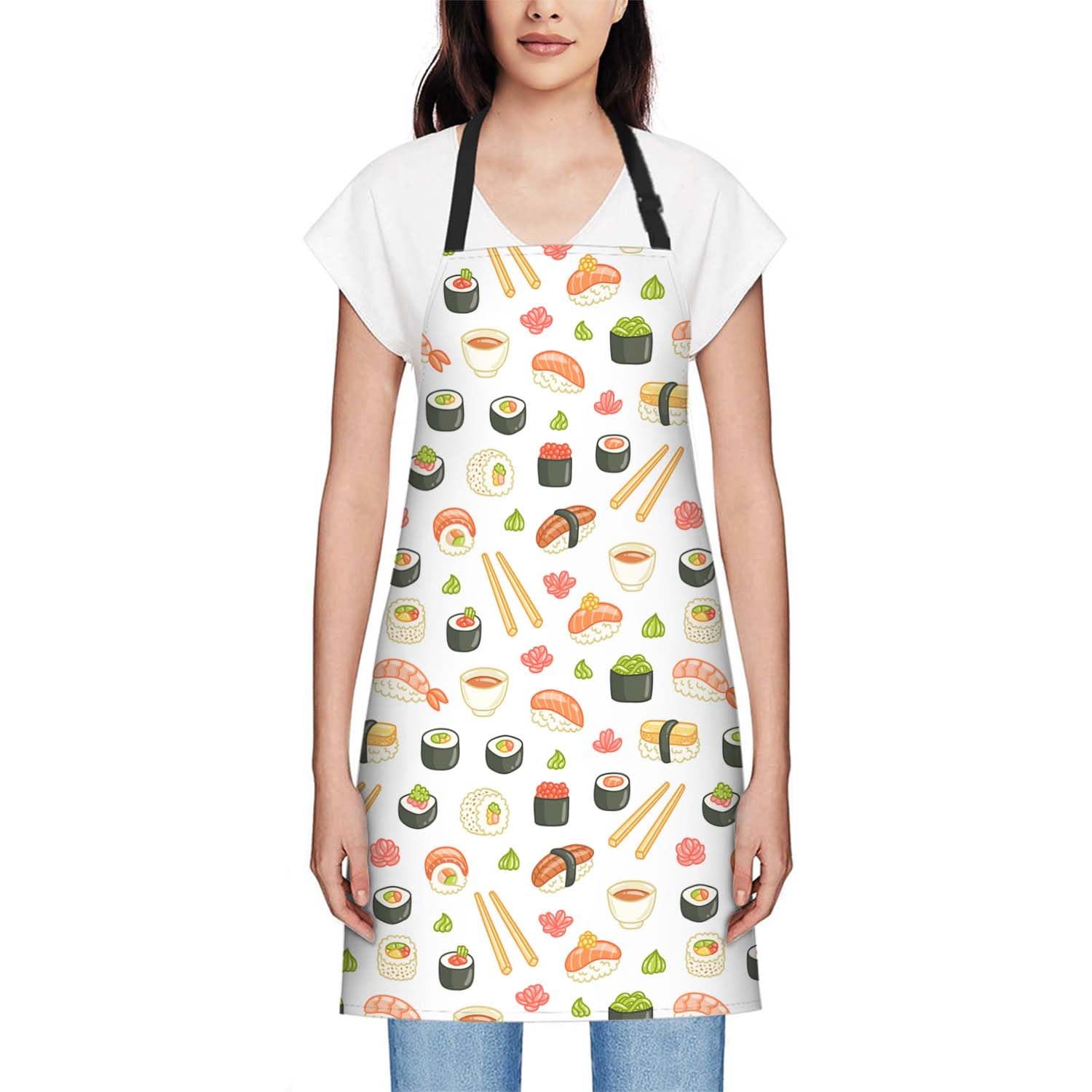 Smooffly Sushi & Rolls Pattern Apron, Unisex Adjustable Bib Apron for Home Restaurant, Coffee House, Sushi and Rolls Pattern - Image 2