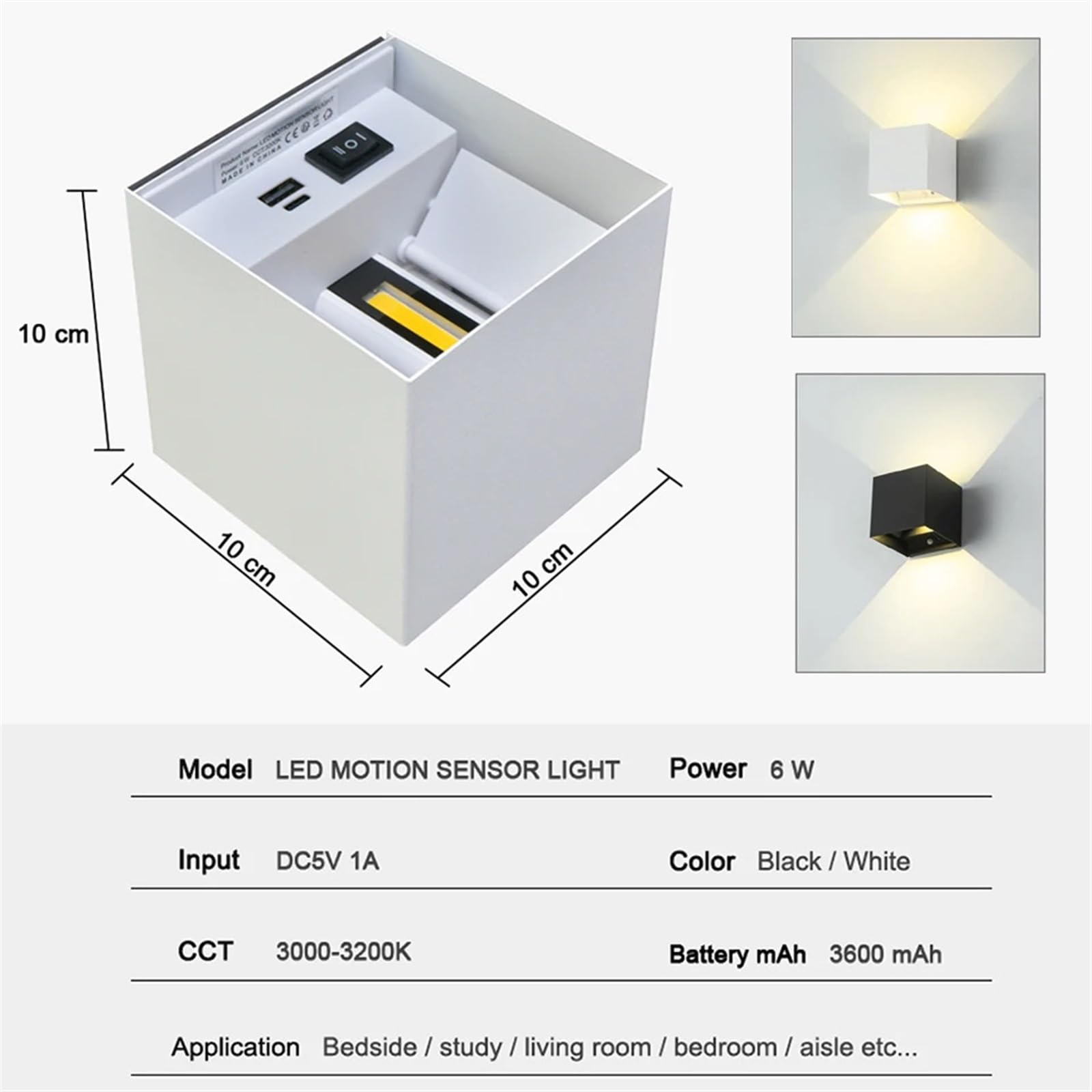Kinkiet LED z inteligentnym czujnikiem ruchu 6 W z ładowaniem baterii z lampą ścienną USB do oświetlenia nocnego sypialni (czarny 2 szt.)