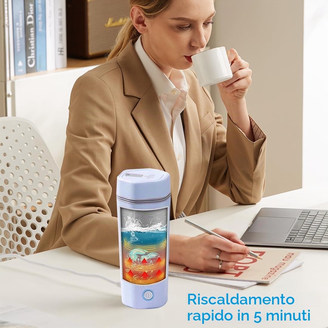 Bollitore elettrico da viaggio, mini tazza riscaldante portatile 450 ml, mini tazza riscaldante interna in acciaio inox 1304, chiusura automatica (blu)