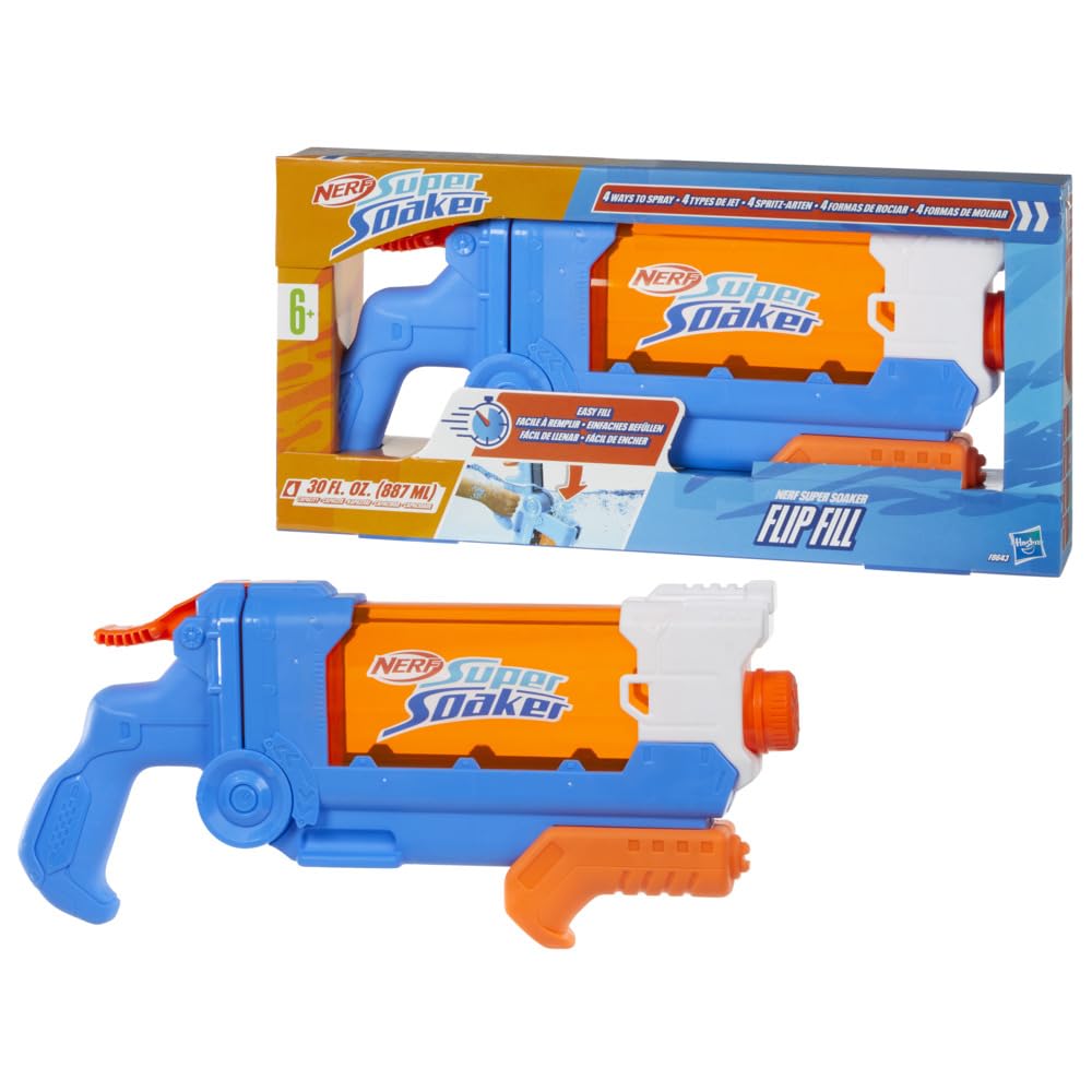 Nerf Super Soaker Flip Fill Water Blaster | 4 Spray Styles | Fast Fill | Large 890ml Water Tank | Pichkari for Outdoor Water Games | Branded Toy Pichkari for Holi Festival | Kids Ages 6+