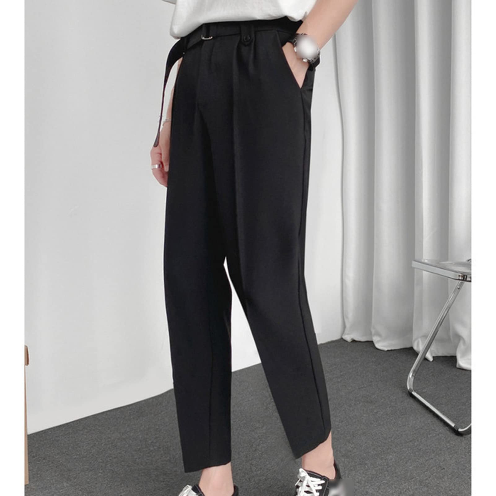 Maiyifu-GJ Men's Straight Leg Stretch Pant Summer Casual Slim Suit Pant Solid Color Lightweight Business Trousers Streetwear (Black,30)