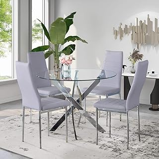 GOLDFAN Dining Table and Chairs Set 4 Modern Glass Round Dining Kitchen Table and Velvet High Backrest Chairs Dining Room Set, Grey