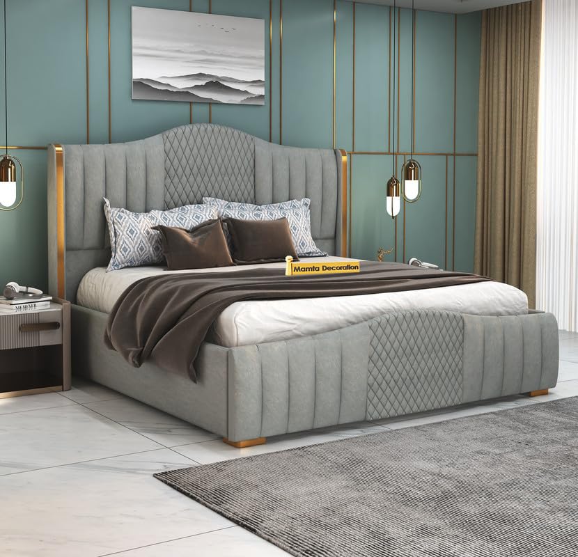 Image of MAMTA DECORATION Solid Wood Queen Size Bed for Bedroom with Box Storage | Premium Velvet Upholstery Double Bed with Tufted Headboard | Modern Palang Cot Bed for Home, Hotels & Guest Room | Grey Finish
