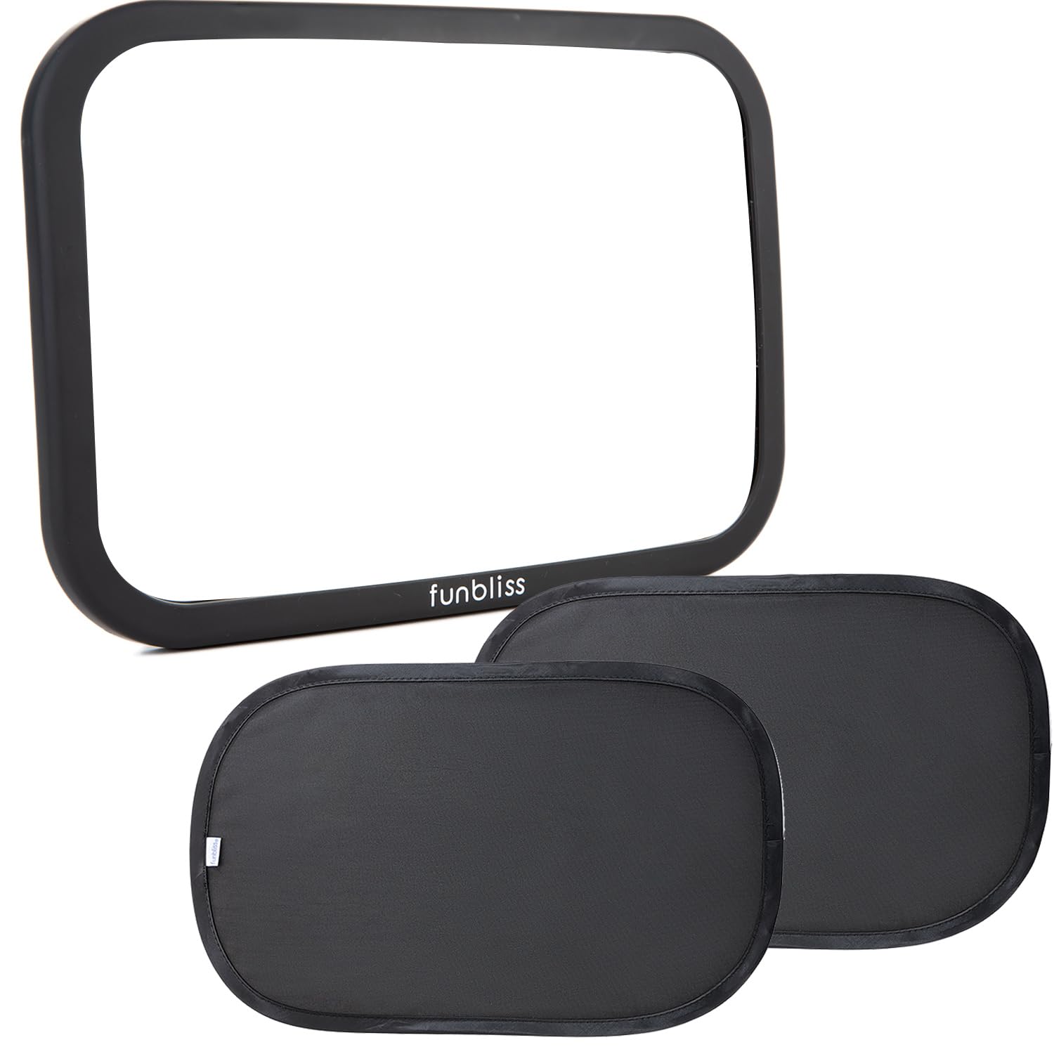Funbliss Bar Mirror for Baby + 2 Pack Car Window Shades Bundle (19″ × 12″), UPF 50+ Window Shade for Baby in Car, 360° Rotation Fully-Adjustable Straps