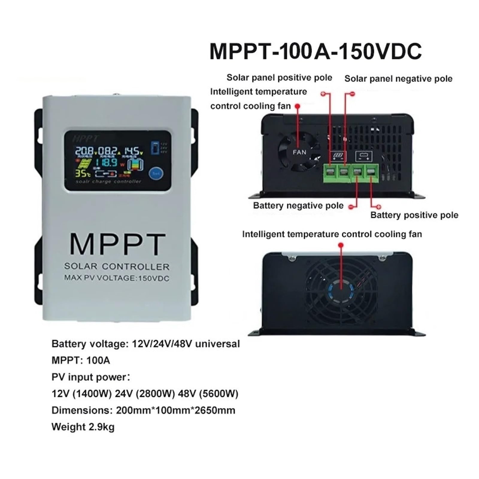 150VDC Inteligentny regulator ładowania solarnego MPPT | Zapewnia czytelny ekran LCD, automatyczna regulacja; do systemów solarnych z bateriami LiFePO4 i litowymi.