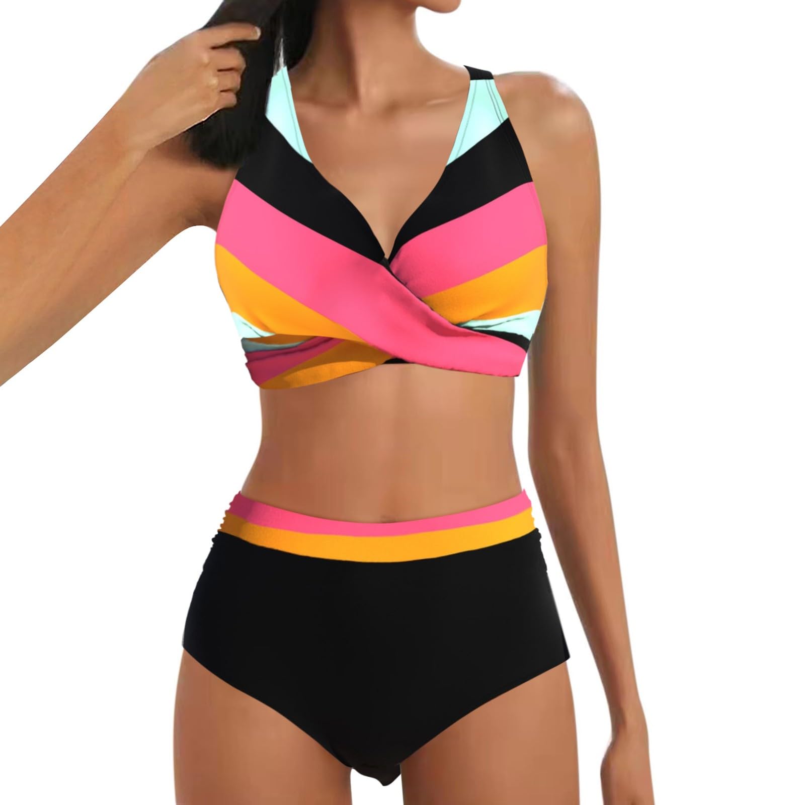 riou Bikinis Mujer 2024 Talla Grande Reductor Sin Aros Cintura Alta Vintage Cuello en V Trajes de baño de Dos Piezas Tops y Lateral con Cordones Braguitas Swimwear Control del Vientre S-XXL