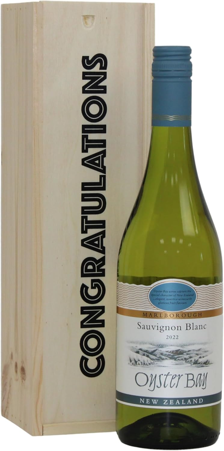Oyster Bay Sauvignon Blanc Wine 75 cl, in a Congratulations Celebration Wooden Gift Box