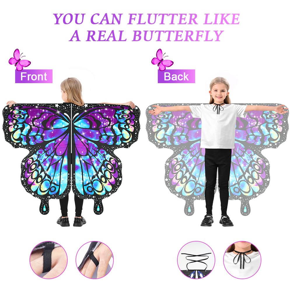 AUYAO Girl Butterfly Wing Costume Kid Butterfly Costume Cape with Mask Headband and Sticker Fairy Butterfly Wing Fancy Dress Up Costume for Halloween World Book Day Cosplay(Starry Purple) - Image 4
